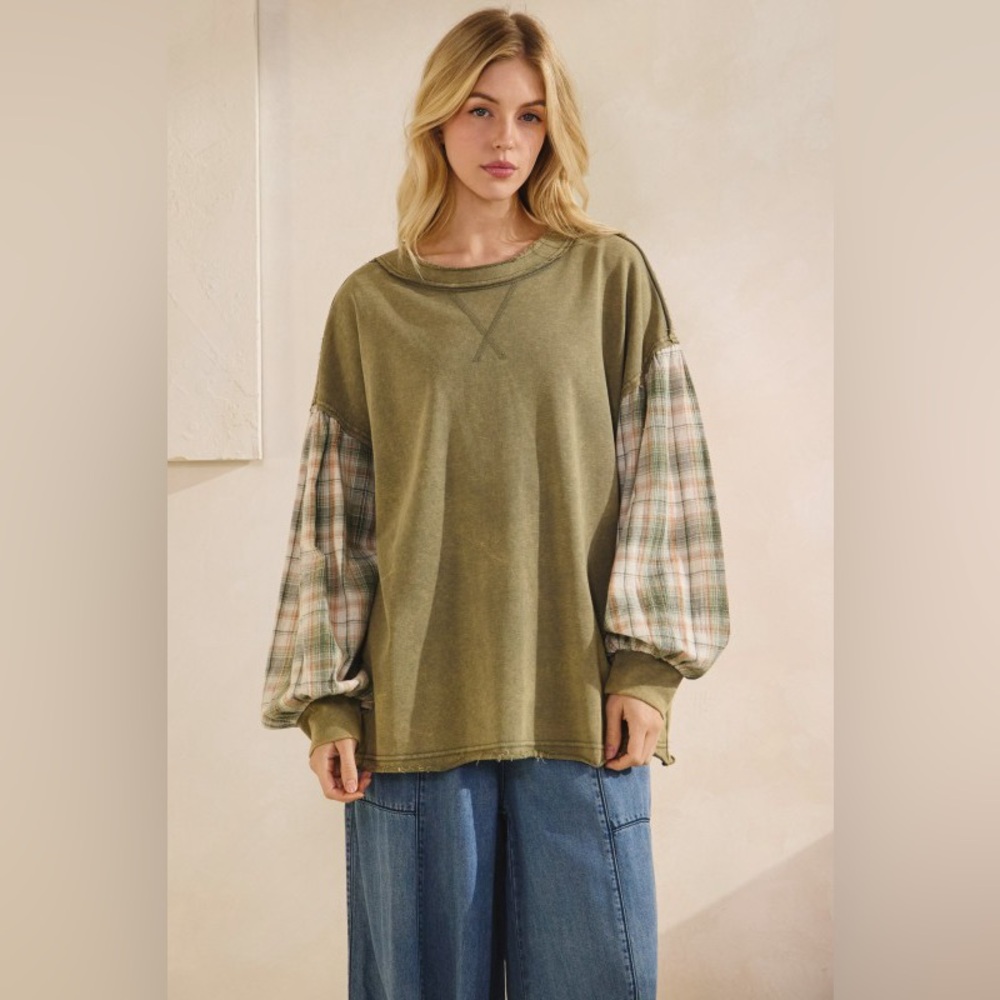 Sage + Fig Olive Pullover with Plaid Balloon Sleeves - Picture 3 of 7